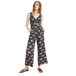 Madewell V Back Wide Leg Jumpsuit in Oasis Palms Navy and Pink Resort Wear Beach